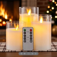 Set of 3 Glass Flameless LED Candles Real Wax Pillars & Moving Flame Wick and Remote with Timer, Bat