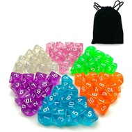 60pcs Assorted Colored Translucent D10 (1-10) Pack, 6X10pcs 10 Sides Dice Transparent Polyhedral Dic