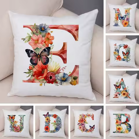 Floral Letter J Pillowcase Double Print Watercolor Letter U Cushion Cover Soft Plush Flower Letter D