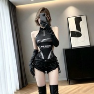 American Hot Girl Motorcycle Style Wear Printed Design Niche Jumpsuit Shorts Fried Street Suit 70626