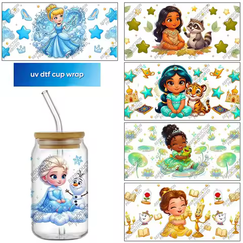 Popular 30 Designs Cartoon cute Princess 16oz UV DTF Transfer 3D Sticker Decals Glass Can Cups wrap