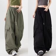 Hotgirl Loose-fit Drawstring Elastic Waist Cargo Pants Sporty Hiphop Plain Wide Leg Pants