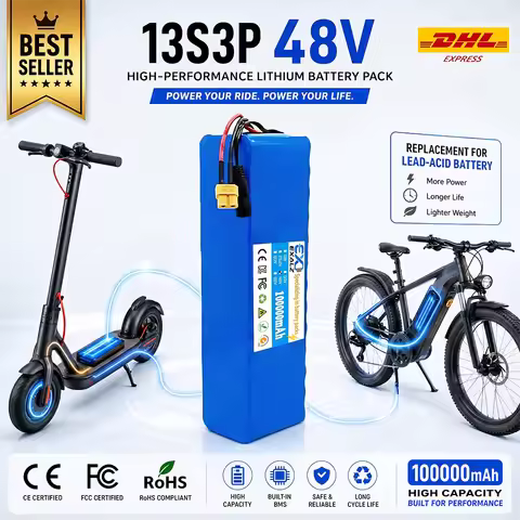 48V Electric Scooter Battery 13S3P 100Ah 18650 Rechargeable Lithium Pack for E-Bike 1000W Motor BMS 