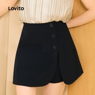 Lovito Casual Shorts Asymmetrical Button Spring/summer Black Shorts for Women LK2ED603 Lovito Seluar