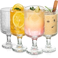 Vintage Embossed Transparent Glass Cups Set of 4 Stylish Drinking Glasses with 12.5oz Capacity Elega