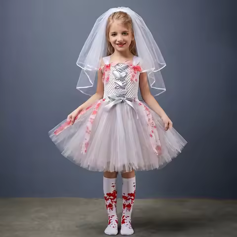 Zombie Bride Costume for Girls Grey White Scary Halloween Tutu Dress Spooky Bloody Dress Kids Carniv