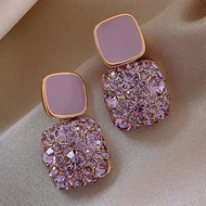 S925 Silver Needle Retro Square Full Diamond Oil Drip Earrings New Style Purple Square Geometric Ear