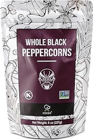 Soeos Black Peppercorns, 8oz (Pack of 1), Non-GMO, Kosher, Packed to Keep Peppers Fresh, Peppercorn for Grinder Refill, Whole Peppercorns (Package may vary)