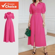 Lovito Women's Elegant Dress with Front Button and Belt, Spring/Summer Rose Red Dress LK4LD363  Lovi