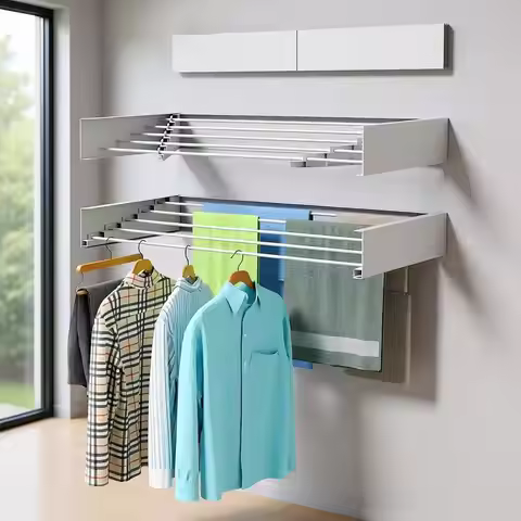 Collapsible Wall-Mounted Clothes Drying Rack, 31.5 Wide, 5 Rods, 60 lbs Capacity, White