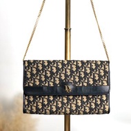 【 日本直送　名牌中古包 】Christian Dior トロッター ショルダーバッグ ネイビー ロゴ ジャガード チェーン vintage xsjebd