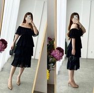 pompom sabrina dress korea | dress pesta | casual dress - hitam bigsize