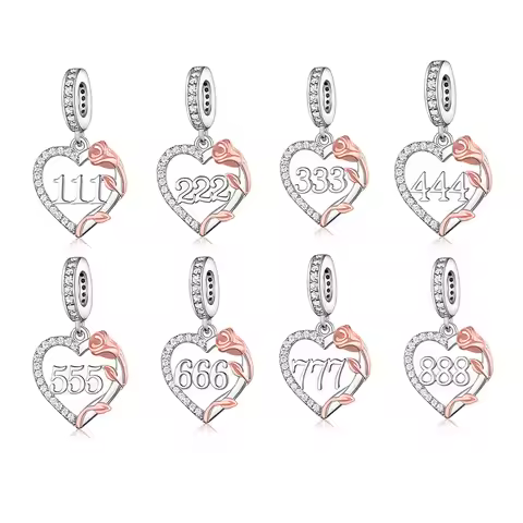 Fit Original Pan Charm Bracelet 925 Silver Rose Angel Number 111 222 333 444 555 666 777 888 999 Bea