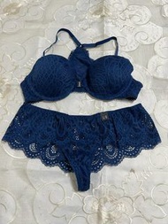 (Size: 38 B) 現貨原裝-Victoria's Secret - PINK embroidery Lace  / sexy Dark Blue front closure bra set with match lace mesh panties 深藍色內衣套裝