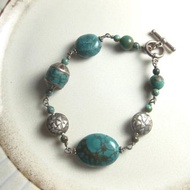 手鍊 時尚設計 綠松石+老松石+銀鑲綠松石+銀