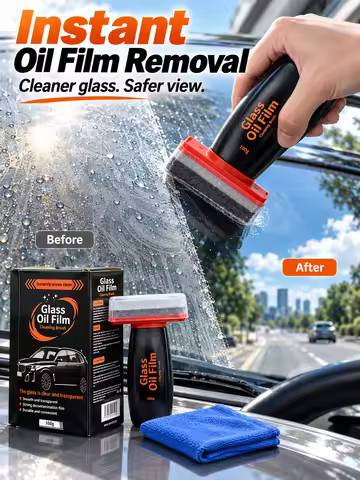 Windshield Oil Film Cleaner – Removes Acid Rain & Water Marks, Car Glass Cleaner with Sponge Brush, 
