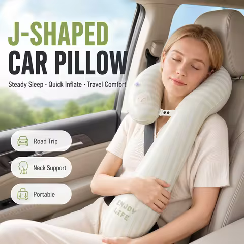 1PC Inflatable Travel Neck Pillow, J Shape Car Pillow with Built in Pump Head Support Arm Rest Cushi