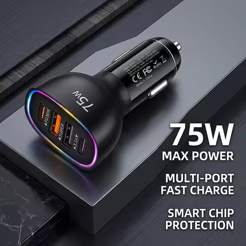 75W Car Charger 4 Ports 2 Type C And 2 USB A Fast Charging Auto Adapter With RGB Light PD30W QC3.0 F