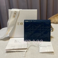 Christian Dior LADY DIOR經典亮漆皮 藍色二折短夾  錢包 二手精品