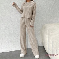 []-Women 2 Piece Set Solid Color Ribbed Knitted Hoodies + Wide Legs Pants Aesthetic Clothes