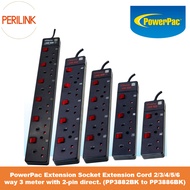 PowerPac Extension Socket Extension Cord 2/3/4/5/6 way 3 meter with 2-pin direct. (PP3882BK to PP3886BK)