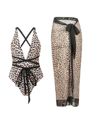 Conjunto de 2 piezas de traje de baño para mujer con estampado de leopardo, traje de baño con espalda en cruz y cuello en V profundo con blusa atada y falda