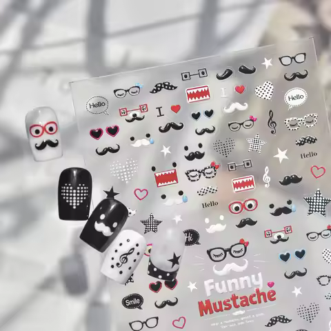 Fun Cartoon 5D Nail Decals Black White Beard Glasses Polka Dot Heart Star Musical Symbol Funny Words