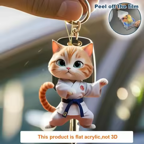 2D Cartoon Judo Kitten Keychain Cute Dressed Cat Pendant Unique Flat Acrylic Hanging Charm,Decor for