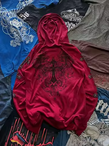 Harajuku Affliction Red Masonry Design Hoodie Y2K New Retro Pattern Oversize Zipper Hoodie Women Per