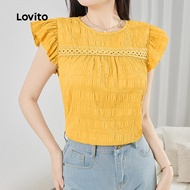 (Trendy) Lovito Casual Plain Jacquard Lace Ruffle Spring/Summer Yellow Blouse for Women L134ED448