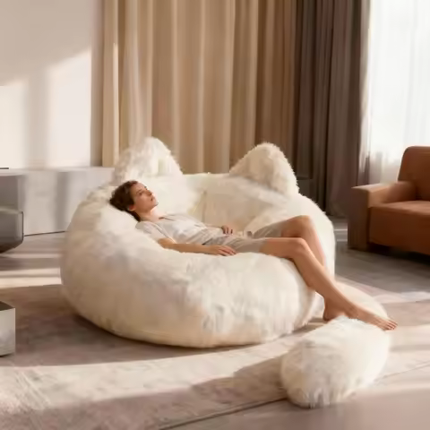 Oversized Cat-Ear Bean Bag Chair Detachable Long Tail 35D Foam Teddy Plush 63in Round Lounge Sofa Gr