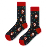 1 Pair Of Women's Crew Socks, With A Christmas Theme. The Black Sock Body Matches The Red Cuff And H