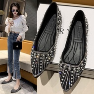 Women's Flat Shoes Crystal Leather Pointed Toe Lazy Ballet Flats Ladies Commute to Work Black Shoes