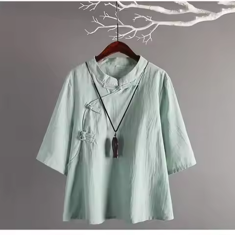 Women Chinese Style Cheongsam Top Lady Elegant Hanfu Zen Tea Shirt Clothe White Retro Blouse Qipao V