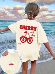 Cherry and Number 8 Letter Print Round Neck T-shirt Girls Summer Casual Match Breathable Short-sleev
