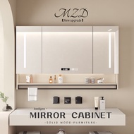 MZD【3 Colors Bulb】 Bathroom Cabinet Solid Wood Bathroom Integrated Mirror Cabinet Minimalist Wall Style Bathroom Mirror with Light Combination