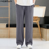 INCERUN กางเกงขากว้างผู้ชายชุดประจำชาติเอวยืดหยุ่นสบายมีเชือกรูดกางเกงผู้ชายขาสามส่วน (สไตล์จีน)