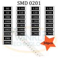 Resistor SMD 0201 0, 1,1.1ohm, 1.2ohm, 1.3ohm, 10ohm, 11ohm, 12ohm, 13ohm, 100ohm,100K, 110K, 120K, 