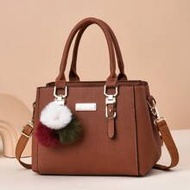 Lightweight, Business Casual Litchi Embossed Square Bag Pom Pom Decor PU, Mother's Day Gift For Mom 