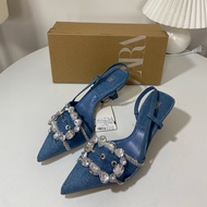 For のzaraˉzaraˉの ZA Autumn New Style Pointed Toe Rhinestone Buckle Blue Denim High Heels With Back S