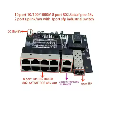 10 port 10/100/1000M 8port 802.3at/af poe in/out 48v with 2port uplink/nvr with 1port sfp industrial