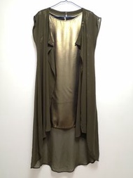 #包智能櫃 vintage cop copine woman military army green chiffon overlay on gold sleeveless vest dress 女裝軍