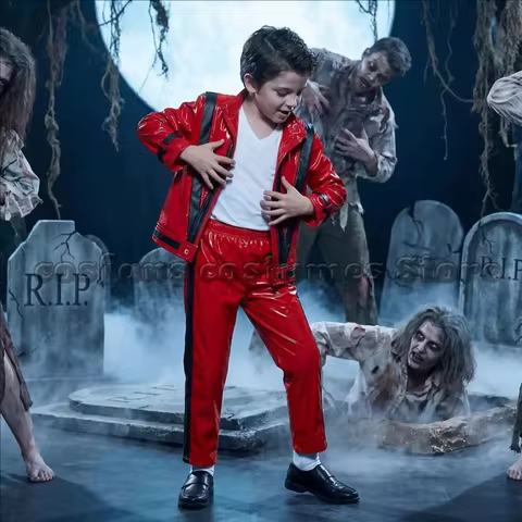 MJ Michael Jackson Thriller Costume Michael Jackson Red Black Leather Jacket Pants Boys Halloween Ca