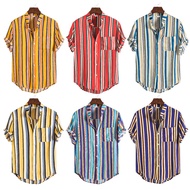 Men's Trend Fashion Stand Collar Short Sleeve Striped Shirt Loose Plus Size Hawaii Floral Shirts wit