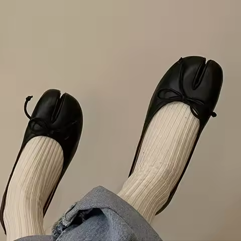 IPPEUM Ballet Flats Women Split Toe Shoes Plus Size 44 Black Leather Mary Janes Butterfly Knot Balle