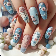 24pcs Medium-Size Ballet-Shaped Artificial Nails, Chinese Style Crabapple Flower Design, Cool & Eleg