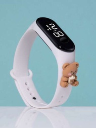 1入組兒童白色TPU錶帶可愛卡通熊裝飾橢圓錶盤數字手錶適合日常生活