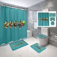 Magic Cube Shower Curtain 4 Pcs Set Cube Puzzle Play Bathroom Non-Slip Bath Mat Waterproof Shower Curtain Toilet Cover Set