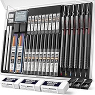 Nicpro 35PCS Black Metal Mechanical Pencils Set in Case, Art Drafting Pencil 0.5, 0.7, 0.9 mm & 3PCS