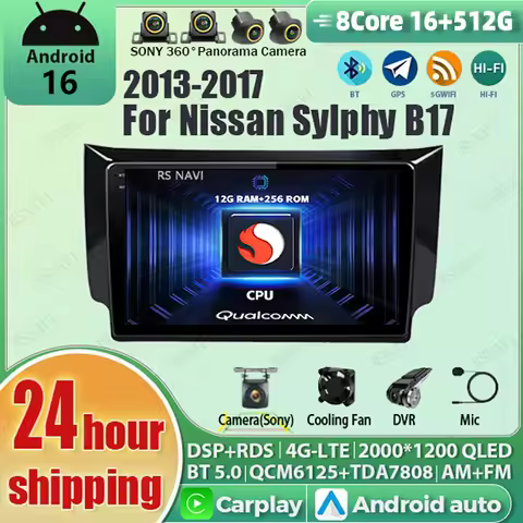 Android 16 Carplay Auto 2K Screen Car Radio Multimedia Player For Nissan Sylphy B17 Sentra 12 2012 -